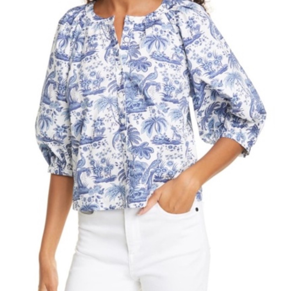 Staud Blue and White Puff Sleeve Cotton Blouse